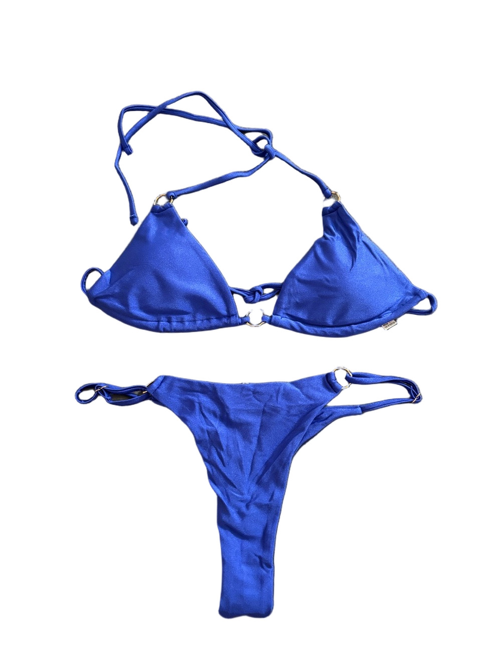 Royal Blue Triangle Bikini Set Gold Ring Tie Side Halter Women’s Large